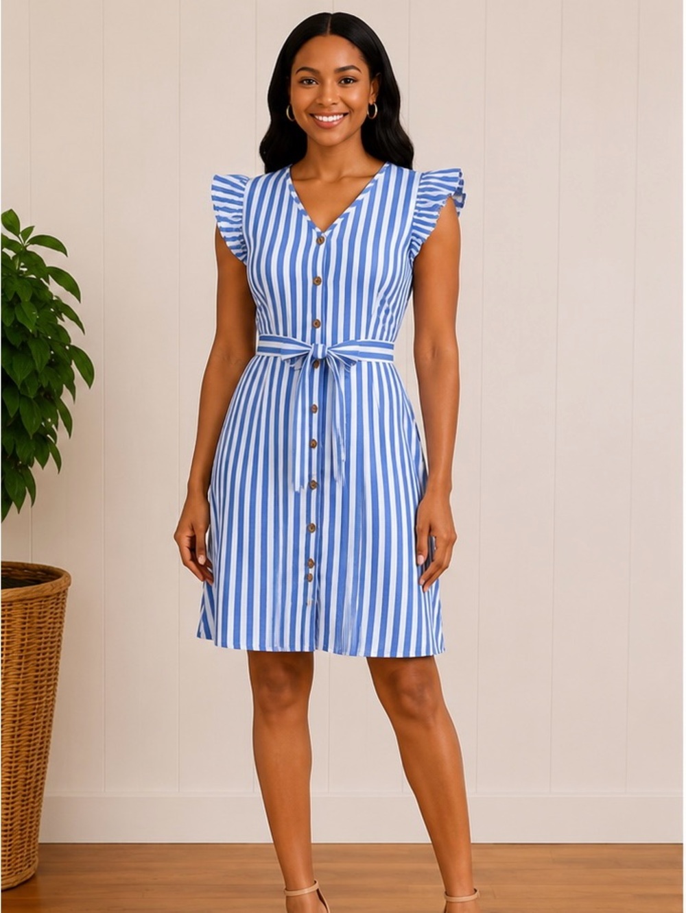 SHEIN Flutter Sleeve Tie-Waist Dress -‎ Blue/White Stripe Sz 12